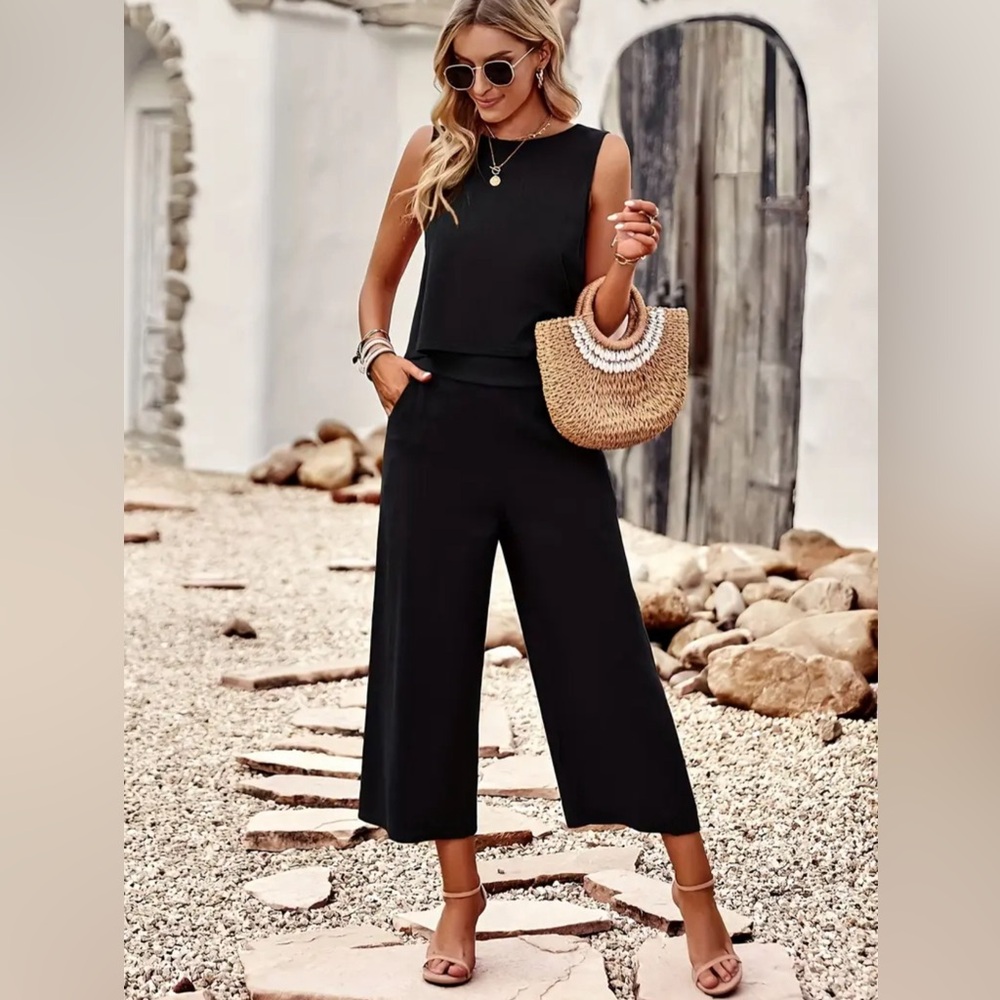 Solid Color Summer Two-piece Set, Crew Neck Tank Top & Wide Leg Pants Outfit - Picture 4 of 6